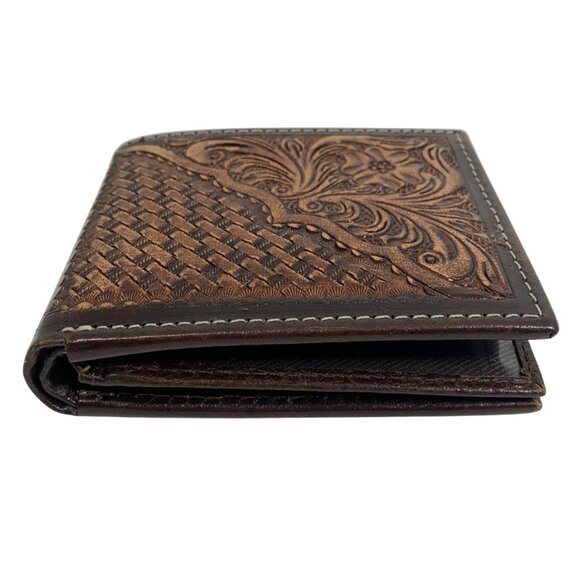 American Bison Men's Hand Tooled Brown Leather Bifold Wallet Floral Weave - Picture 2 of 10
